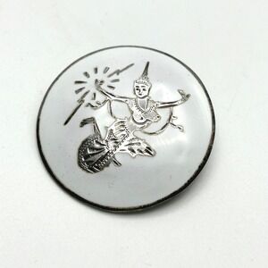 Vintage Siam Sterling Silver Brooch White Enamel Dancing‎ Thai Goddess Signed